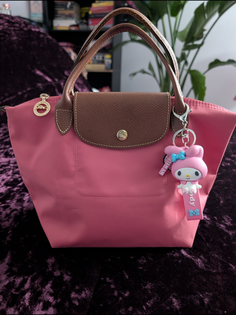 Longchamp Le Pliage Small Handbag with Brown Trim